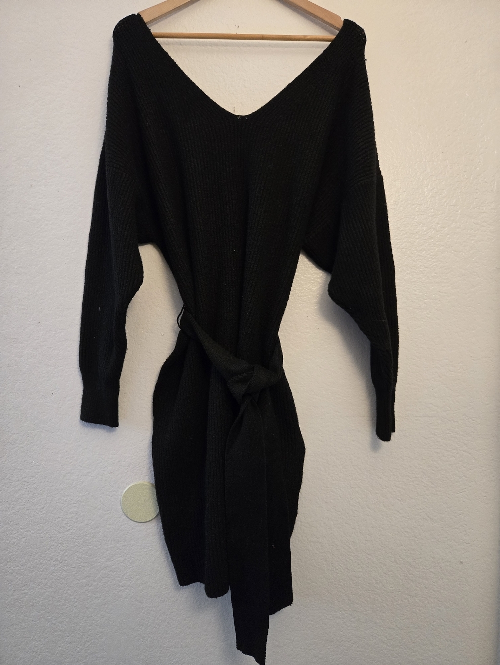 Express Black V-neck Long Sleeve Ribbed Waist Tie Mini Dress